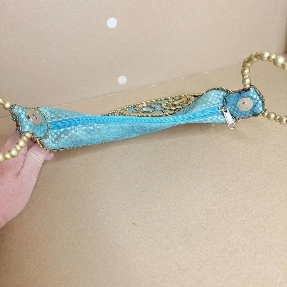 Boho Beaded Evening Clutch Purse India Handmade Blue Gold Wristlet Bag